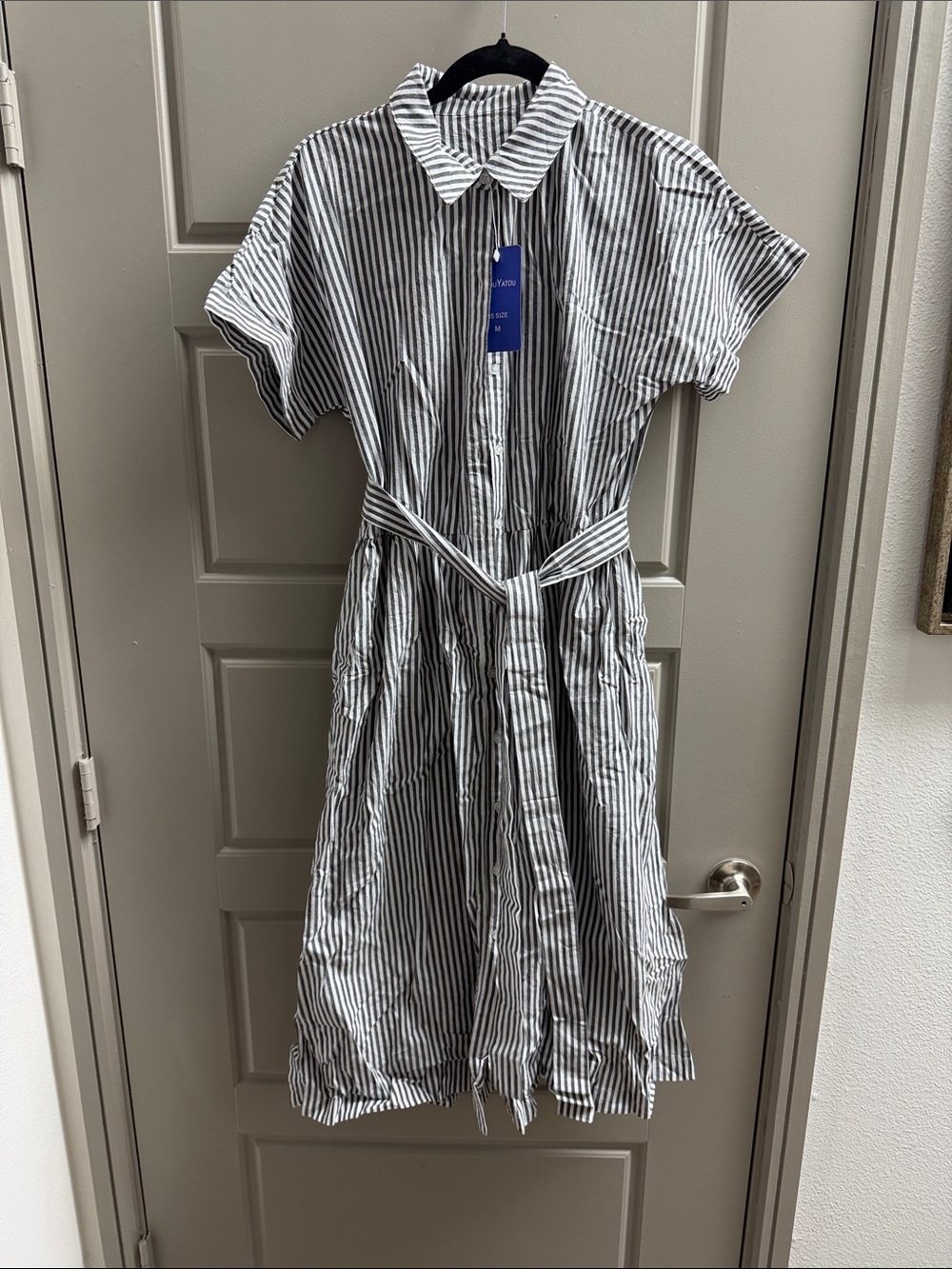 Striped Button-Front Maxi Dress with Tie Waist - Black & White